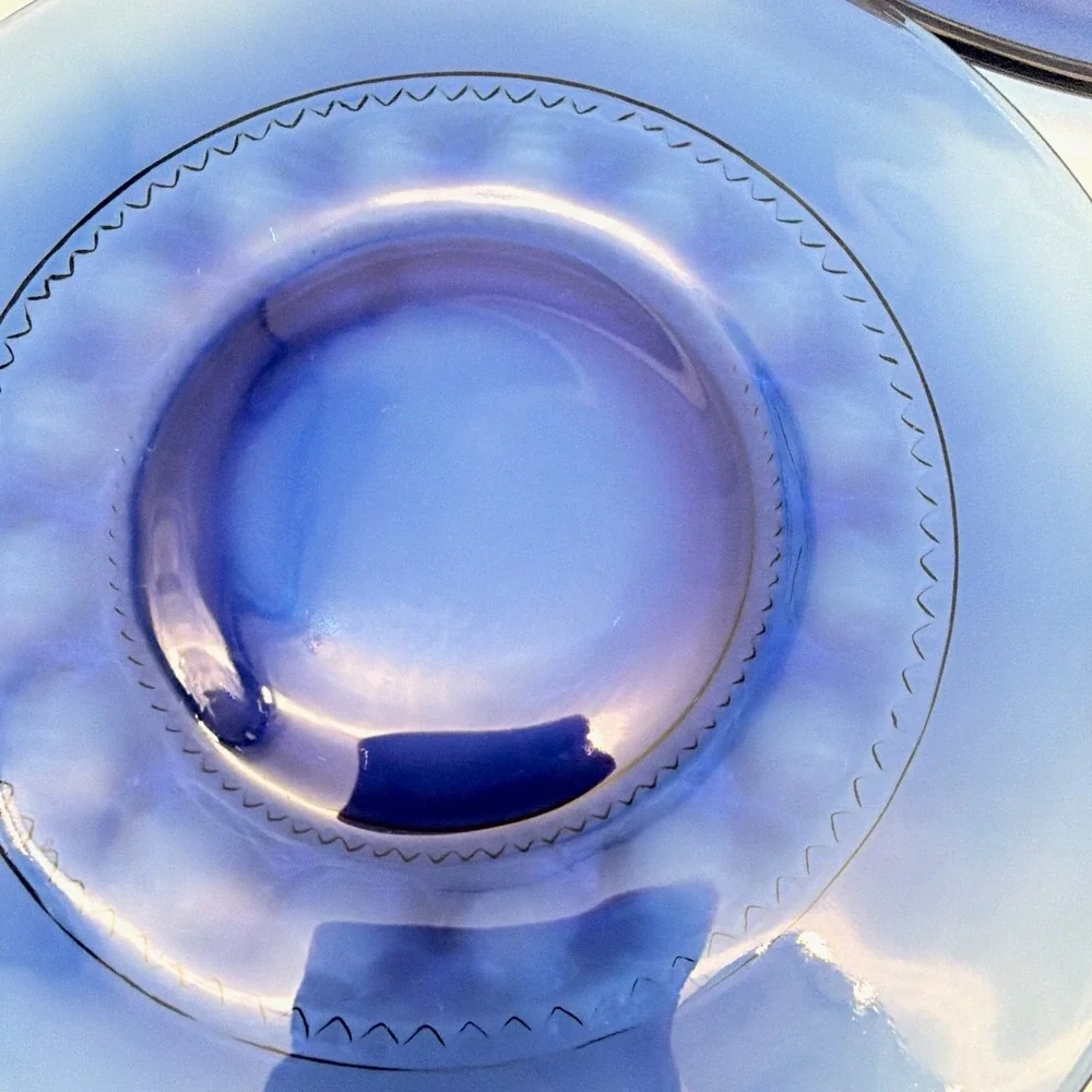 Crown Thumbprint Cobalt Blue Glass Dinner Plates Scalloped Textured Rim Set